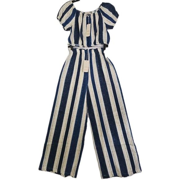 Bellambra~Woman S~Linen Blend Boho Top/Pants 2 Pc. Striped Italy Blue/Beige NWT. - Picture 1 of 16